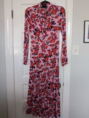 Ra|Ju Floral Tie-Neck Long Sleeve Maxi Dress - Pink & Red